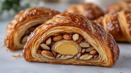Almond croissant cross section with marzipan center French bakery style overlay cut out on isolated transparent removed background