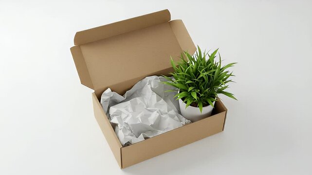 Potted Plant Inside Open Cardboard Box With White Packing Paper On Clean White Background In Bright Studio Lighting For E Commerce Adobe Stock Photo