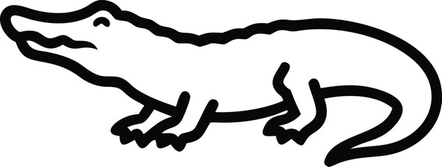Cartoon alligator line art shows a stylized reptile in simple black outline