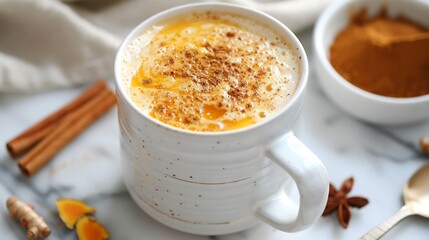 Almond milk latte with turmeric and cinnamon in white mug wellness drink flat lay overlay cut out on isolated transparent removed background