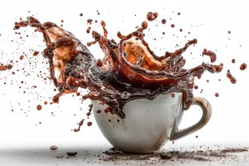 Coffee cup splashing with dark liquid, creating dynamic droplets and splashes, showcasing the energy and excitement of a fresh brew in a vibrant scene