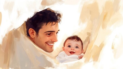 Smiling Father and Baby in Soft Beige Embrace