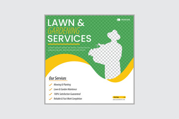 Lawn gardening service social media banner design. Agriculture and farming business advertisement flyer design. Landscaping and lawn mower service promotion social media post template vector.