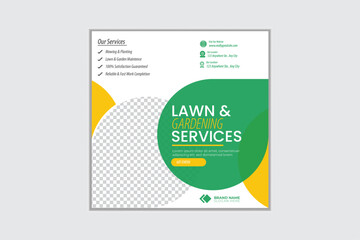 Lawn and gardening services social media post design, Landscaping service social media post, garden, agro farm, agriculture, farming web banner or ads