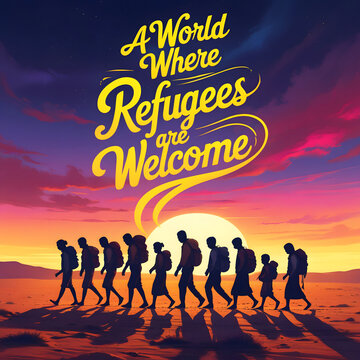 Refugees walking toward a colorful sunset sky with bold text welcoming displaced communities worldwide.