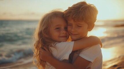 Brother and Sister Hugging on Sandy Beach at Sunset
