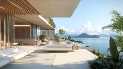 The interior of a luxury summer beach house includes a large empty living room overlooking the sea, with a swimming pool and terrace, all situated in front of a big white wall within a 3D rendered