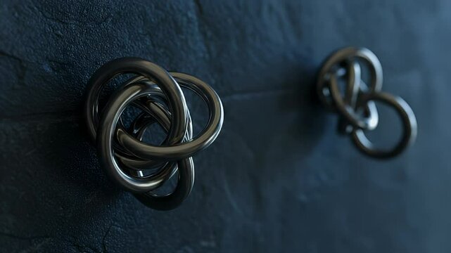 Shiny Metal Knot Art Installation on Rough Dark Surface Three Dimensional Rendered Background