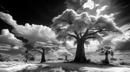 Majestic Baobab Trees in a Dramatic Monochrome Landscape