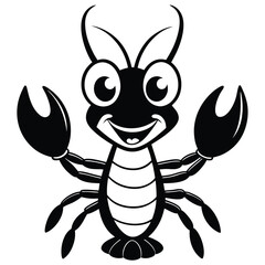 Cheerful black cartoon crawfish with big claws is smiling broadly on a white surface