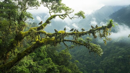 Birds Perched on Mossy Branch in Lush Cloud Forest