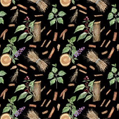 Cottage style natural seamless pattern with the fragrant plants - sandalwood, patchouli, and vetiver painted in watercolors. Elegant surface design on black background; for fabric, wrapping paper