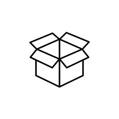 Open cardboard box icon in minimalist black line design  