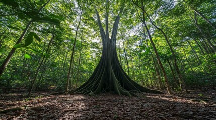 Large Buttress Tree in Lush Tropical Forest