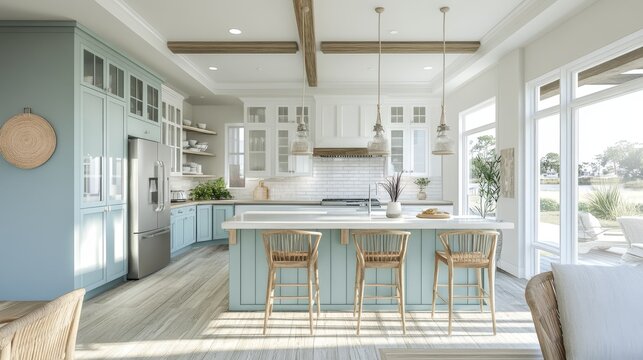 A beach house spirit is incorporated into the design of this coastal style kitchen