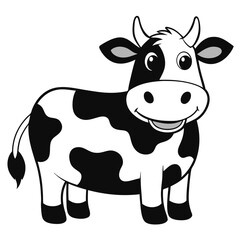 Cheerful cartoon cow stands, features distinctive black and white spots on its body