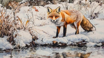 Red Fox in Snowy Winter Landscape