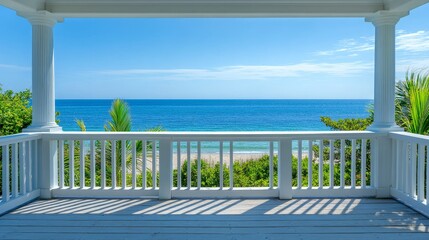 A beachside villa or rental property complete with a balcony that overlooks the ocean, allowing for the addition of rental information or exclusive deals