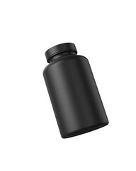 Black supplement floating bottle. Medicine pill container, plastic jar blank mockup. Vitamine drug capsule bottle, pharmaceutical product package, transparent background