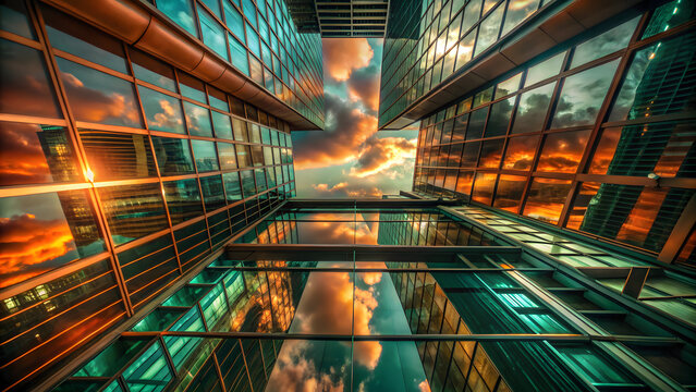 Dramatic upward perspective of modern skyscrapers with sunset reflections on glass facades