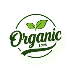 Organic 100% logo with green leaves in modern design  