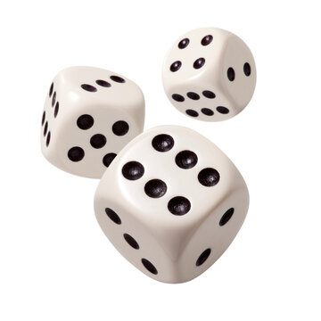 Three dice in the air on a white background