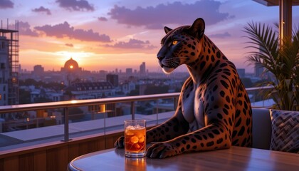 Anthropomorphic muscular cheetah sipping cocktail on rooftop terrace at sunset with skyline view. Concept of luxury and anthropomorphism