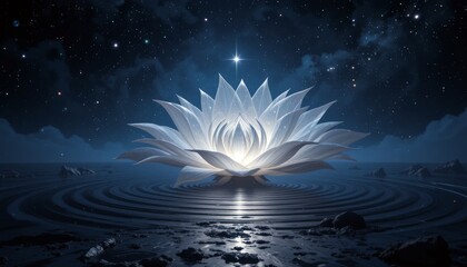 White digital lotus flower glowing above water under night sky with stars and reflections. Concept of spirituality and enlightenment