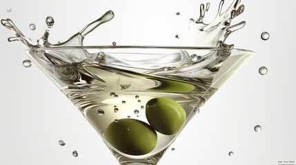 Olive oil splashing into clear glass bowl with green olives and herbs, droplets suspended in motion. Concept of Mediterranean cuisine and freshness