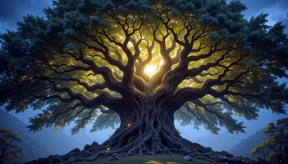 Giant tree glowing from inside under snowfall on icy ground with twisted branches. Concept of sacred nature and inner power
