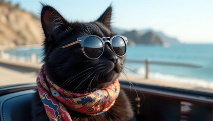 Black cat in scarf and sunglasses looking at sea horizon with mountains behind. Concept of stylish travel and freedom