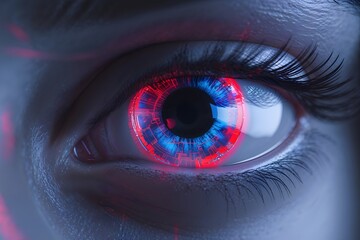 close-up of a human eye with bright red and blue digital overlays organically integrated into the iris,