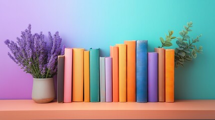 Colorful books standing upright on white wooden surface with soft shadows against pastel blue gradient background with lavender decor. Concept of childhood learning and literacy