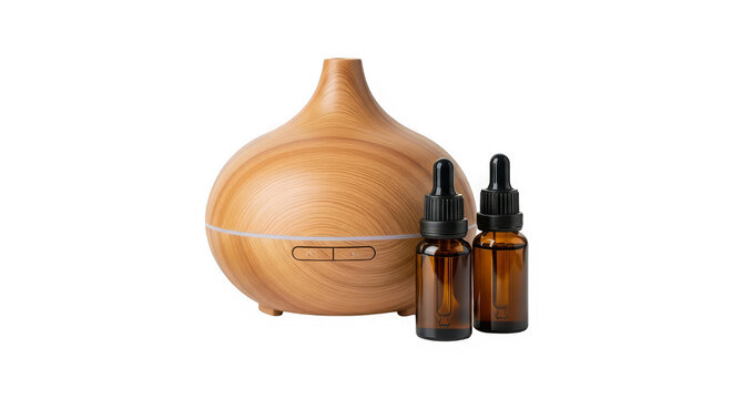 Aromatic diffuser with essential oils presented in amber bottles, creating a calm mood lighting.