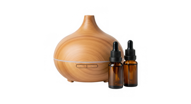 Aromatic diffuser with essential oils presented in amber bottles, creating a calm mood lighting.