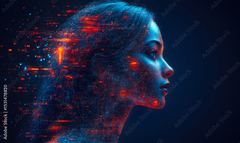 Poster futuristic digital female profile with glowing blue and red data streams and abstract pixelated tech