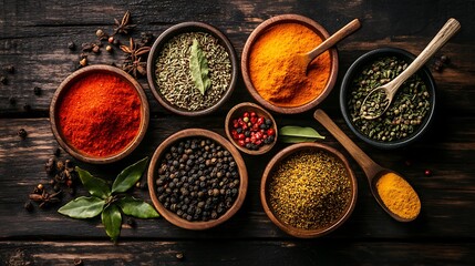 Assorted Spices and Herbs in Wooden Bowls with Spoons on Dark Wood Table