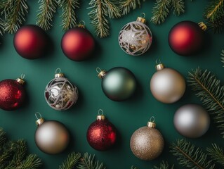 Green Background Christmas Ornament Flatlay, Christmas Decorations, Holiday Decor