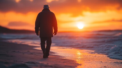 Silhouette of Man Walking on Sandy Beach at Sunset