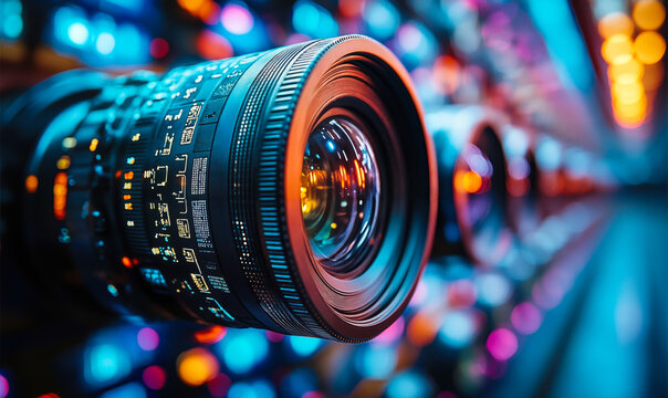 Close-up of professional camera lens with colorful blurred background and bokeh lights for photography and videography equipment concept