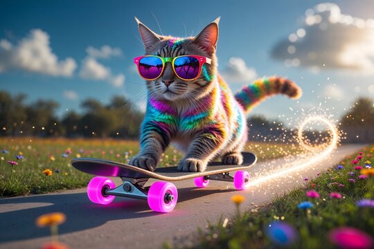 A cat with iridescent, multicolored fur resembling a rainbow riding a sleek, glowing skateboard with neon wheels. - Powered by Adobe
