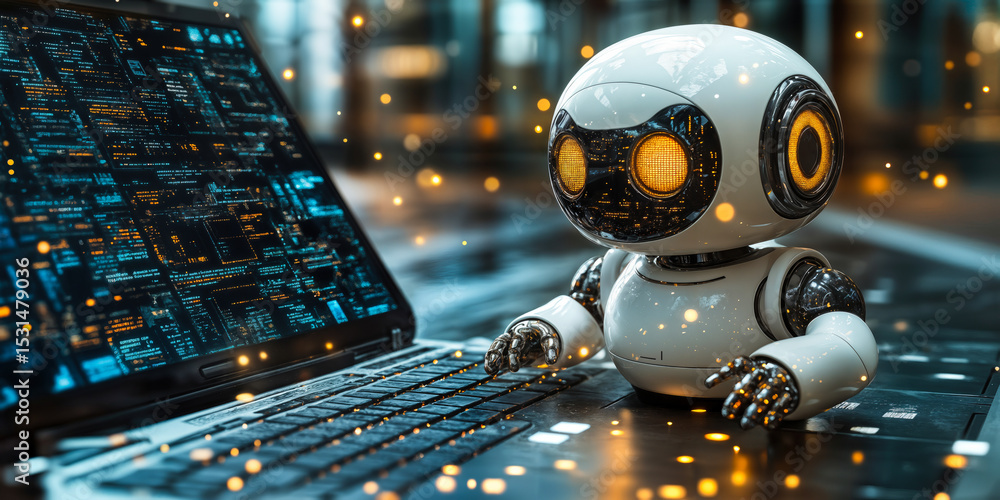 Poster futuristic white robot typing on laptop keyboard with glowing orange eyes and digital code in blurre
