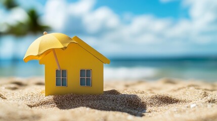 The sun shines down on a tiny yellow model beach house accompanied by a beach umbrella, positioned on the sand near the waves