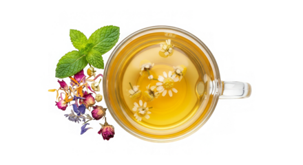 Overhead shot of chamomile tea with mint and dried flowers creating a relaxing, floral aesthetic.
