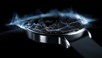 Close-up of a modern smart watch displaying data visualizations.