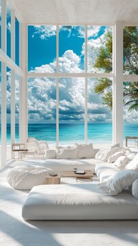 Fototapeta Picture of a living room in a beach house with spectacular sea views seen through fully open windows