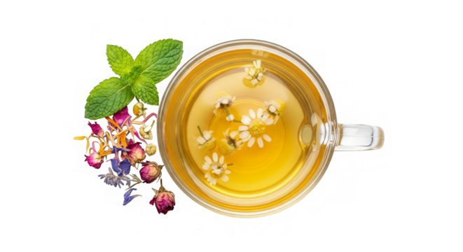 Overhead shot of chamomile tea with mint and dried flowers creating a relaxing, floral aesthetic.