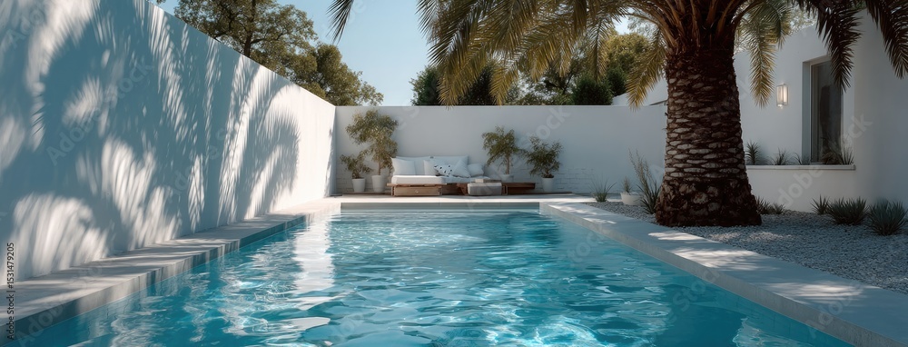 Poster bright sunlight illuminates a minimalist pool next to a white wall and a palm tree, creating a seren