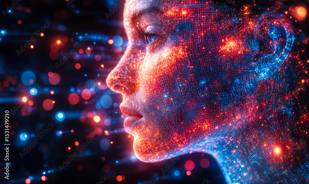 Poster digital human face profile glowing with abstract futuristic data points and light particles illustra