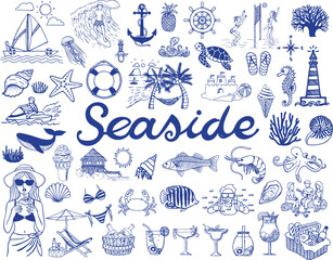 Hand drawn coastal dooles bundle including sea creatures,beach activities, nautical elements, vector illustration,